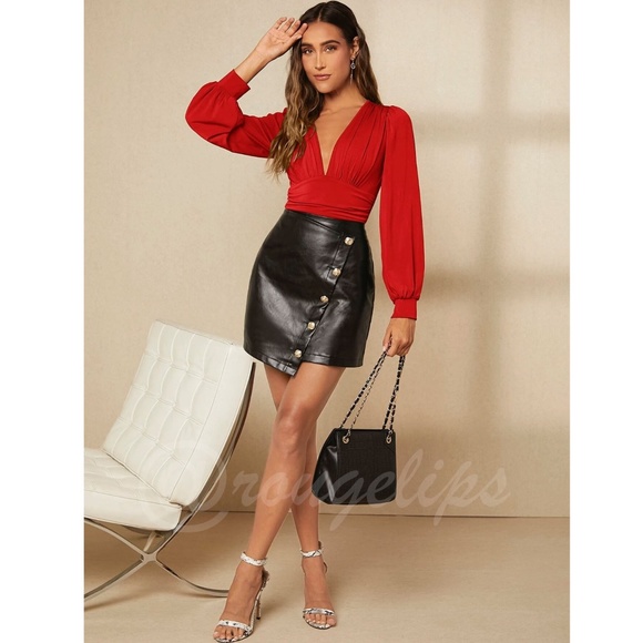 Red Elegant V neck Bodysuit Long Bishop Sleeves Stretchy Ruched Waist - Picture 6 of 10
